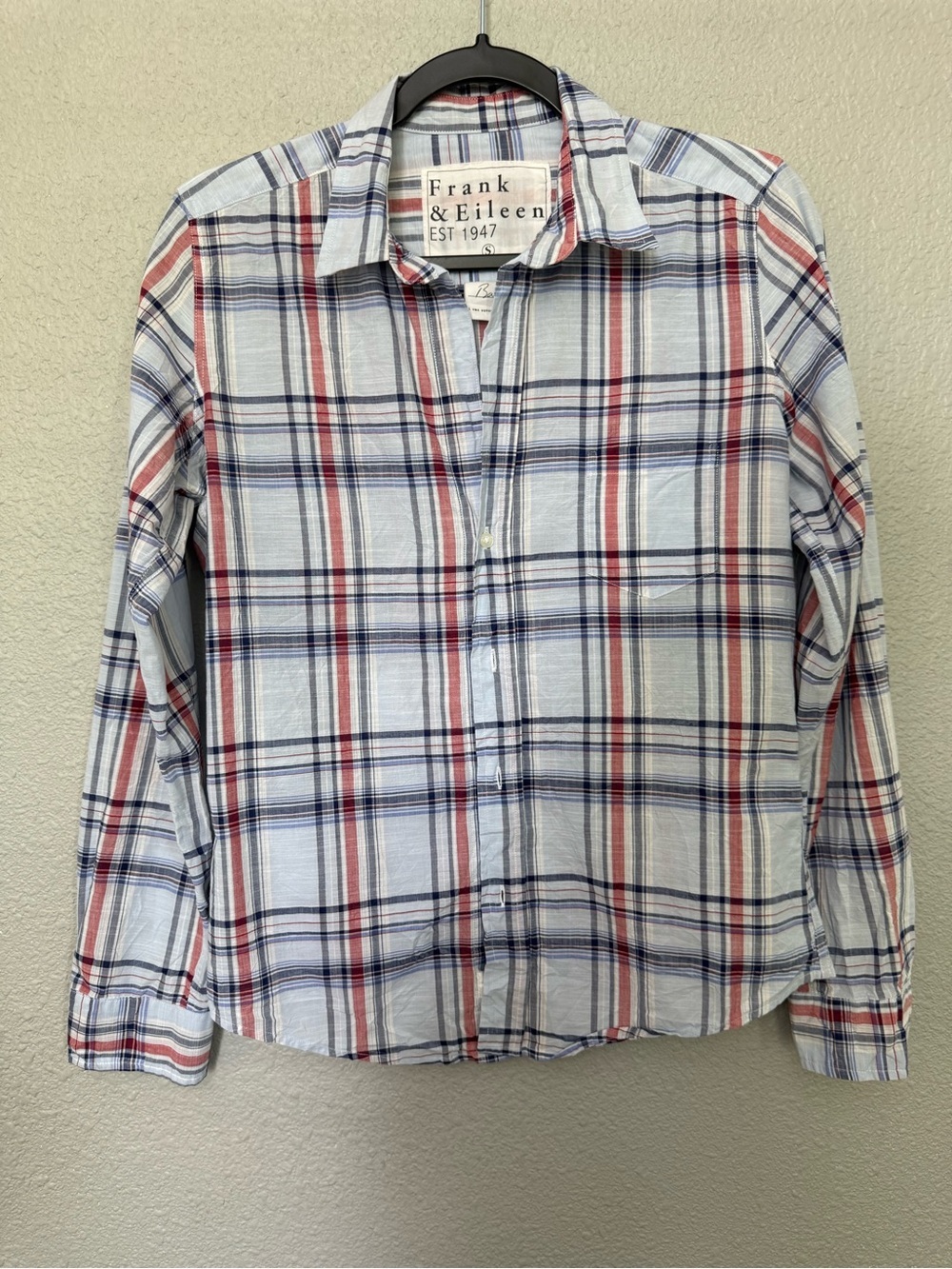 Frank & Eileen "Barry" Plaid Button Up Crinkle Shirt Cotton Size Small